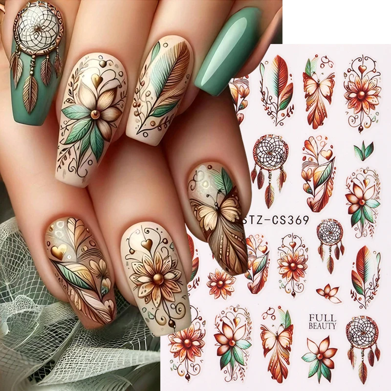 2 Stück Nagelaufkleber im Bohemian-Stil mit Retro-Blumen- und Traumfänger-Feder-Design, selbstklebende Nagelkunst-Aufkleber, Dekorationen