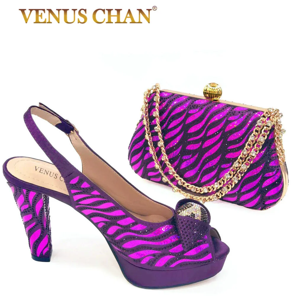 

2024 Nigeria Popular Purple Mesh And Hollow Design With The Same Color Small Rhinestones Fashion Party Ladies Shoes And Bag