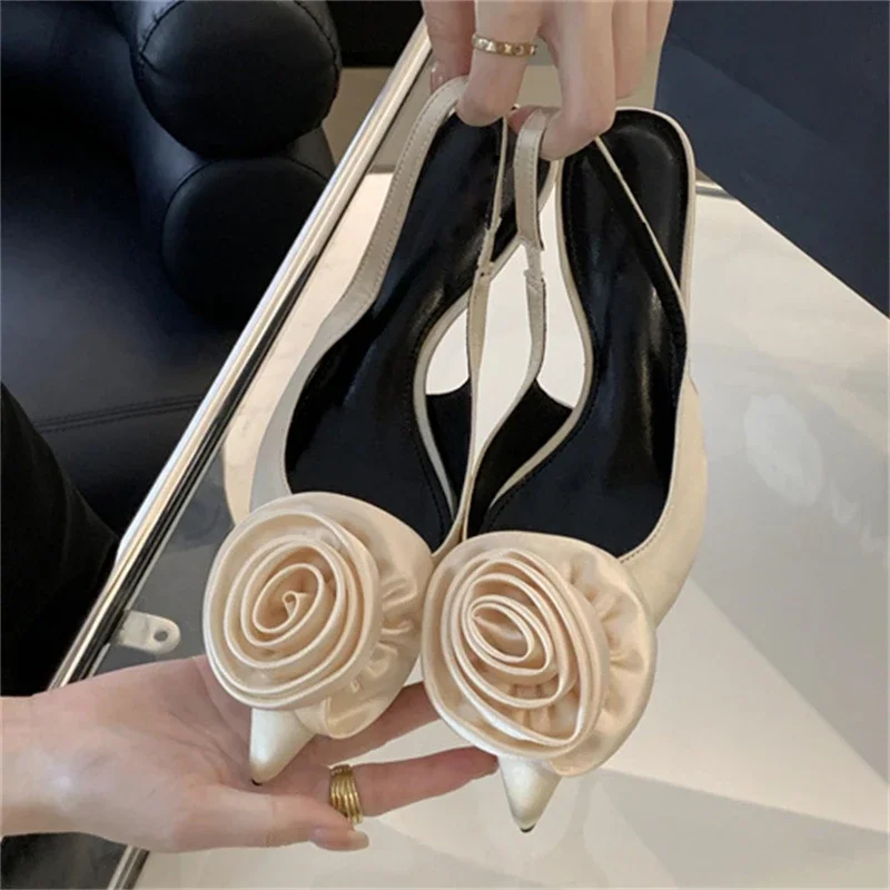 Eilyken Satin Slingback Women Pumps Sexy Design Flowers Pointed Toe Thin High Heels Banquet Wedding Mule Ladies Shoes