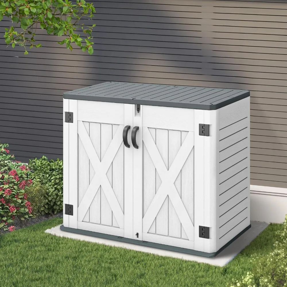 

Outdoor Horizontal Storage Shed with X-Shaped Lockable Door, 35 Cu Ft Weather Resistant Resin Tool Shed w/o Shelf, for Garden