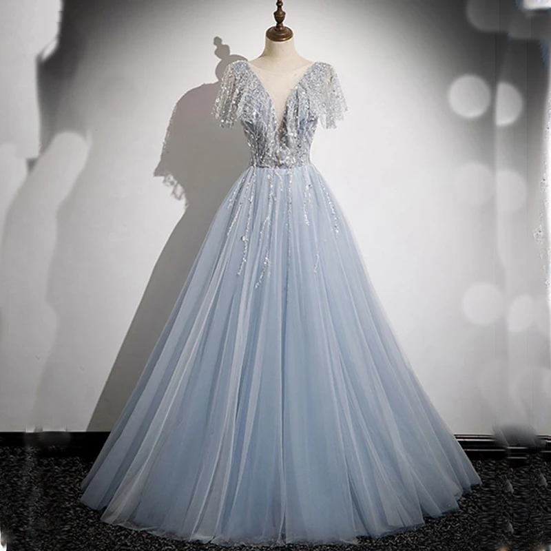 JEHETH Bling Long Evening Dress for Women A-Line Tulle vestidos de noche mujer 2023 Beads Sequins Party Gown