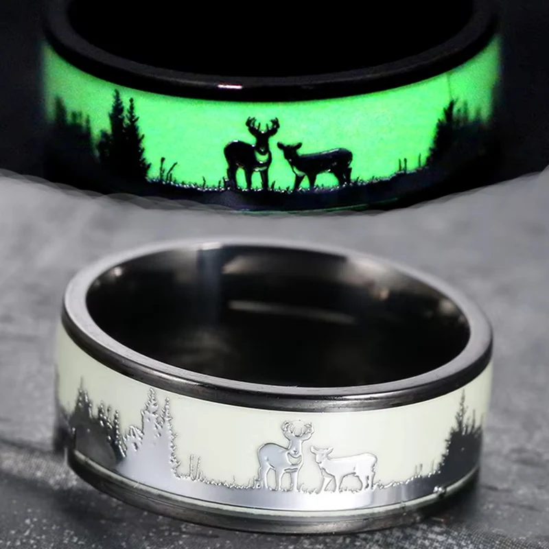 

Fashion Stainless Steel Luminous Black Tungsten Men's Ring Retro Deer Silhouette Wedding Jewelry