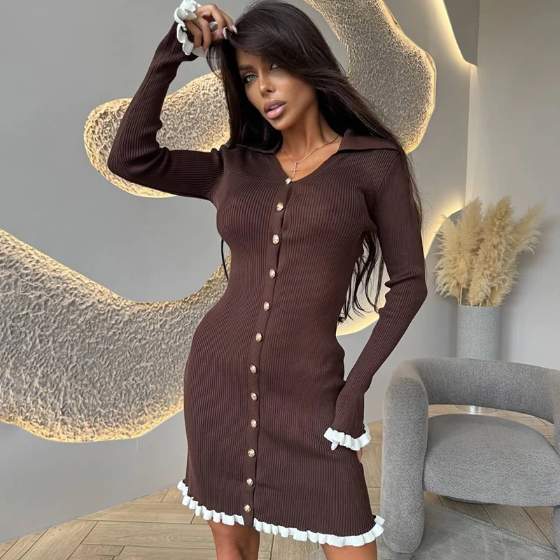 Ticketsx Fashion V-neck Patchwork Slim Knit Dress Autumn Button Ruched High Waist Mini Dress Office Lady Sweater Women Dress