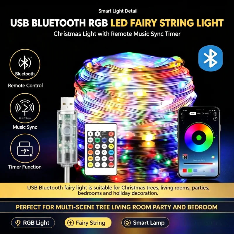 RGB Christmas Fairy Lights USB Bluetooth Remote Control Style for Home Holiday Party Decor Decorative Gift Ornament Lamp