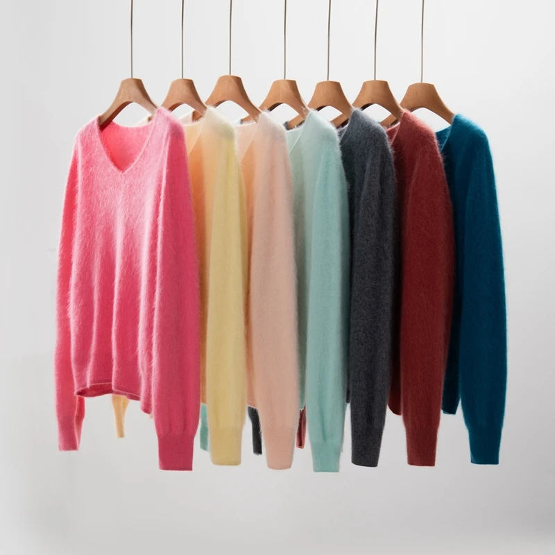 

Autumn And Winter New Wool Sweater Brushed Versatile Slim V-Neck Loose Simple Pullover Cashmere Knit Bottoming Shirt