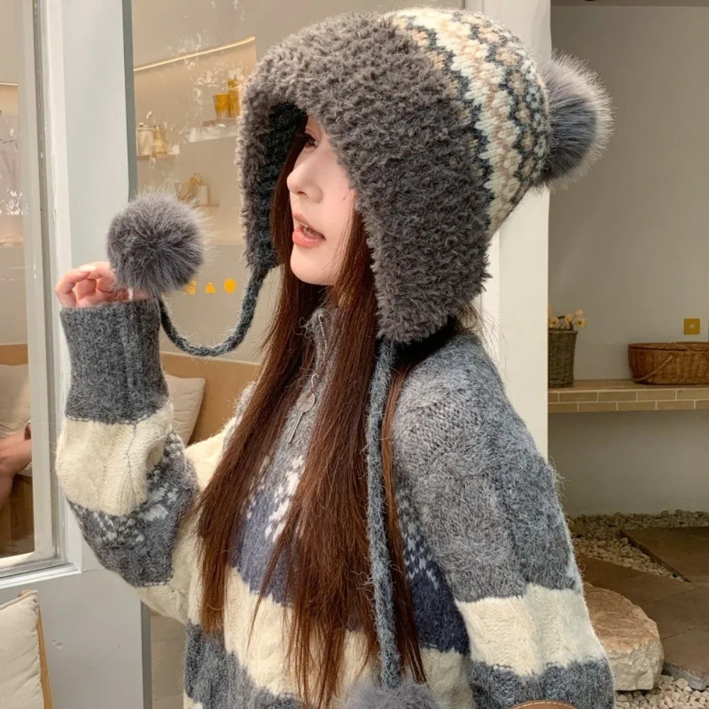 Polyester Knitted Hat Windproof Stretchy Fit Fair Isle Ear Flap Hat 56cm to 58cm Circumference Thick Warm Trapper Hat Student