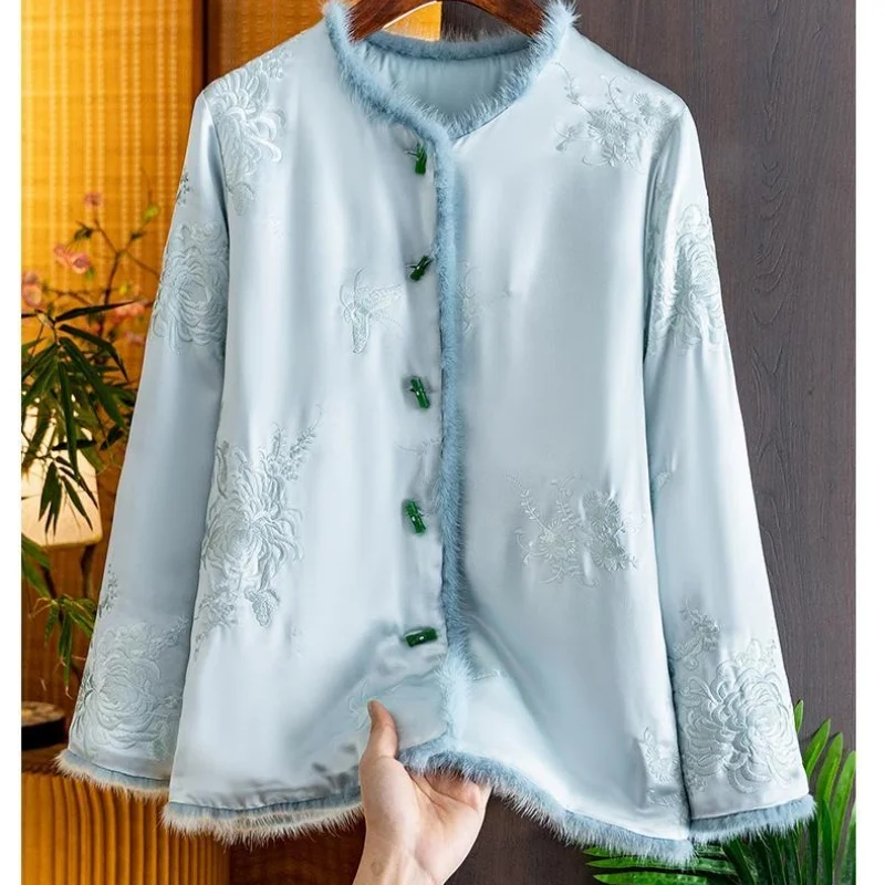Chinese Stijl Borduren Splicing Bont Zijden Jas Vrouwen Herfst Winter High End Single Breasted Katoen Dames Outerwears