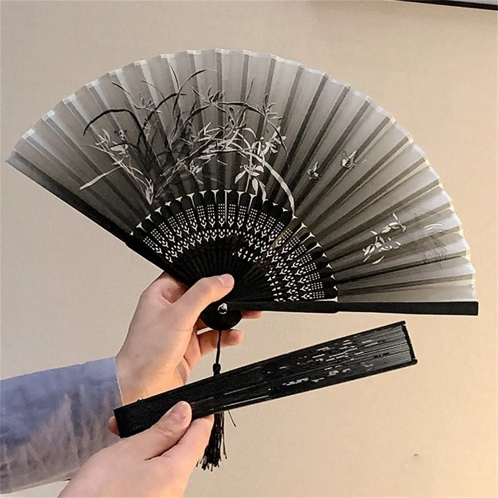 Landscape Painting Printed Folding Fan Handheld Silk Cloth Fans Women Cheongsam Decorative Fan Art Craft Dance Decor With Tassel