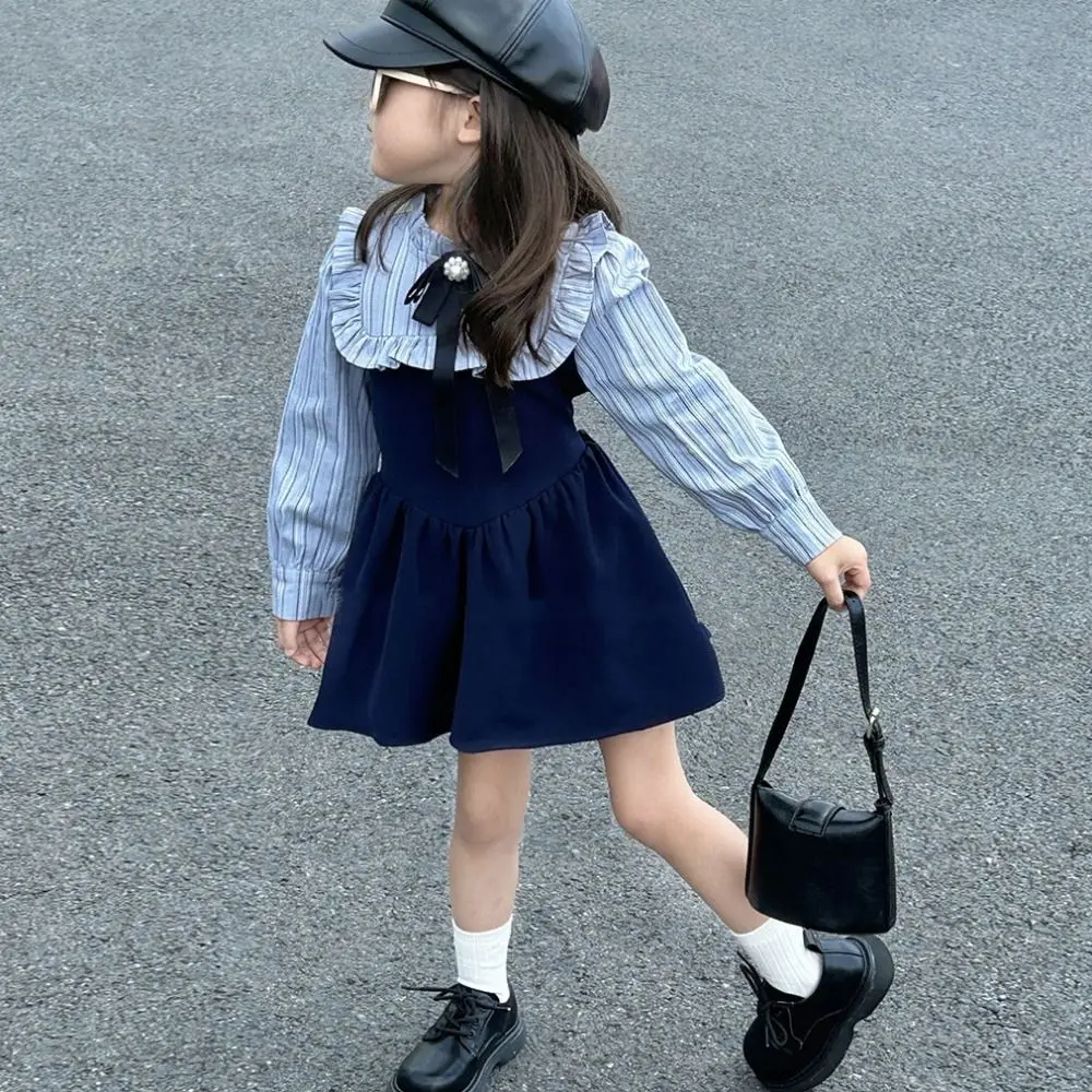 

Bowknot Girls' College Style Dress Peter Pan Collar Pleated Girls Long Dress Loose Sweet Children Long Sleeved Dress Party