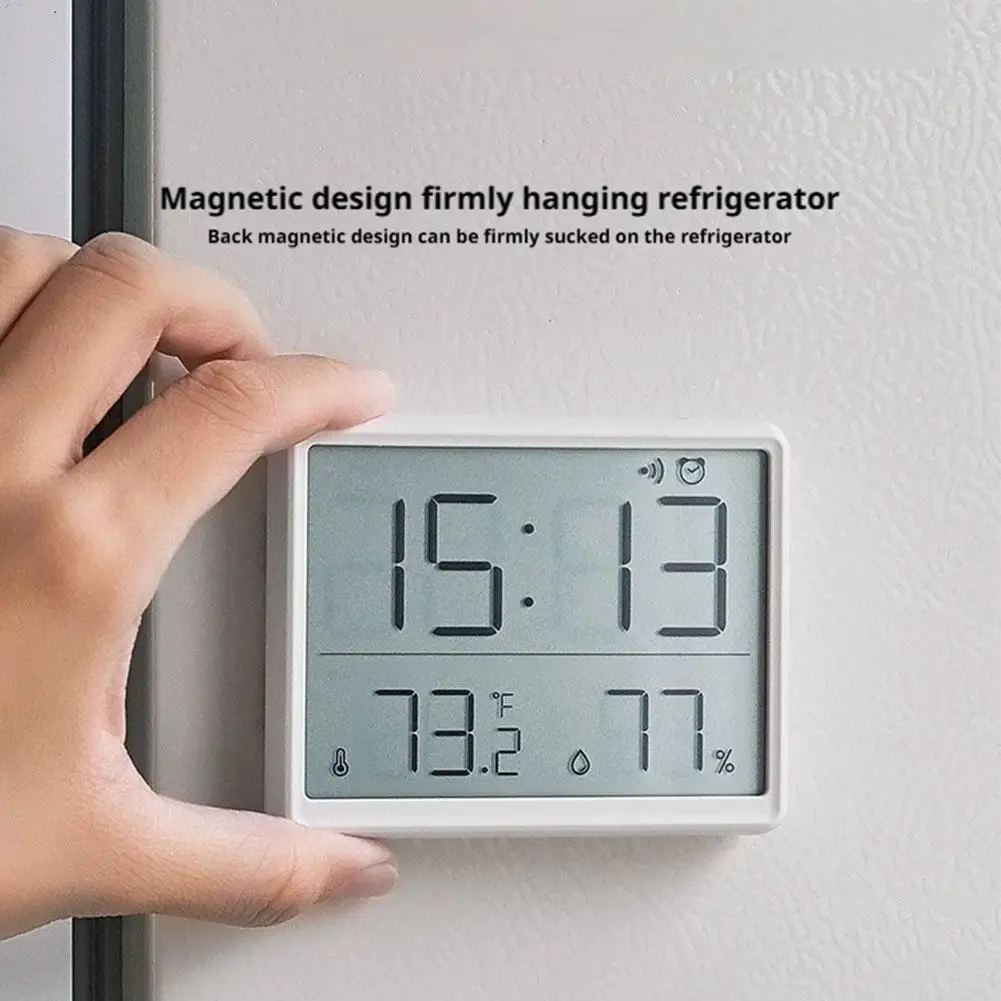 Mini Digital Alarm Clock Temperature Humidity Hourly Beep Magnetic Sucked Table Clock Battery Powered LCD Wall Clock
