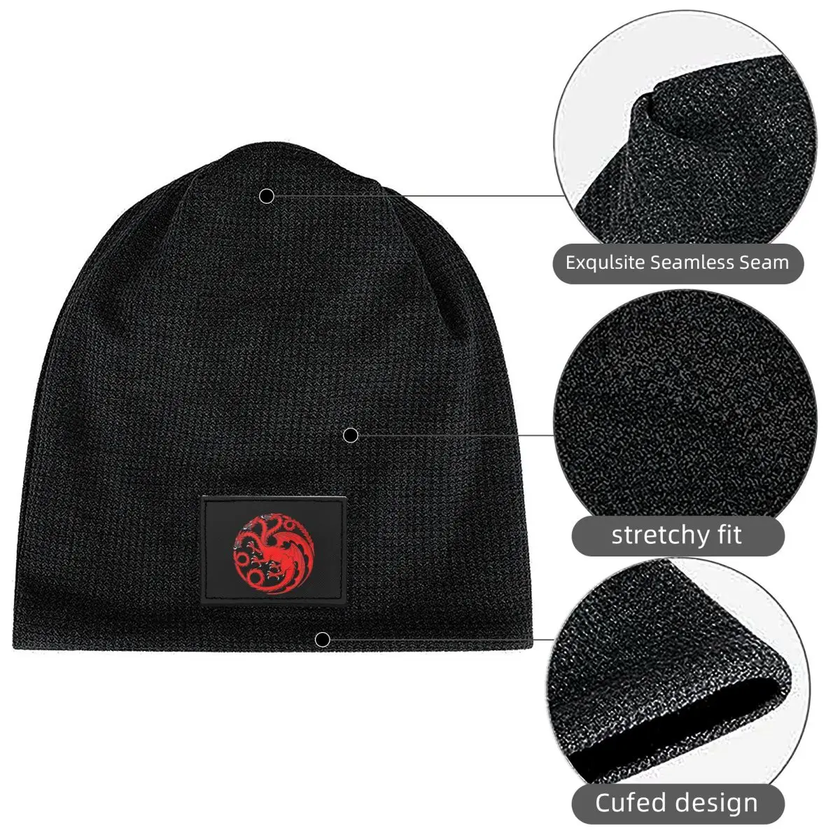 House Targaryen Waffle Knit Fleece Lined Beanie with PU Leather Patch Unisex Warm Winter Soft Cap