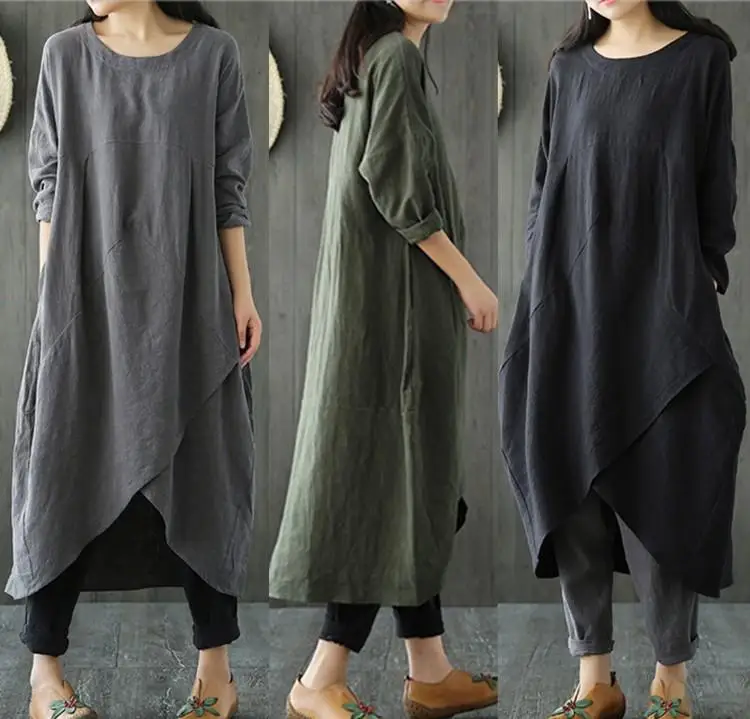 

High-End Japanese Style Women's Cotton Linen Midi Skirt Loose Slimming Asymmetrical Dress Artistic Commute V-neck Long Sleeve