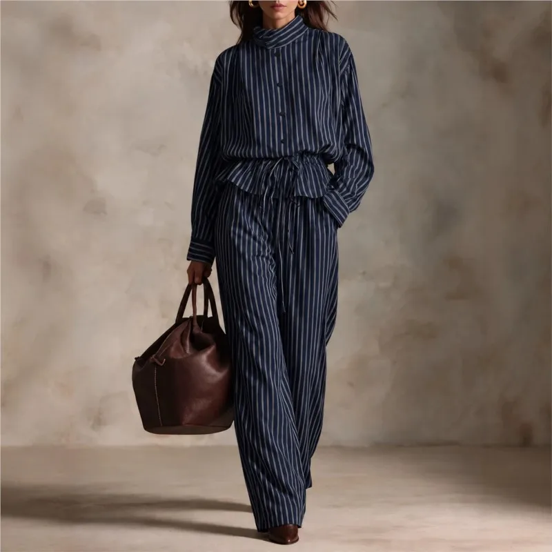 2026 New Autumn/Winter Women's Pants Set Striped Single Breasted Fashionable Comfortable Versatile Daily British Style Pants Set