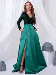 Long Sleeve V Neck Stretch Sparkle Sequin Floor Length Party Dress Slit Patchwork Ball Gown with Porckets