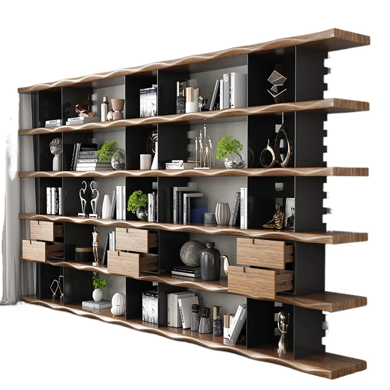 

Американская книжная полка-стеллаж от пола до потолка, на всю стену, с разделителями и ящиками для хранения.