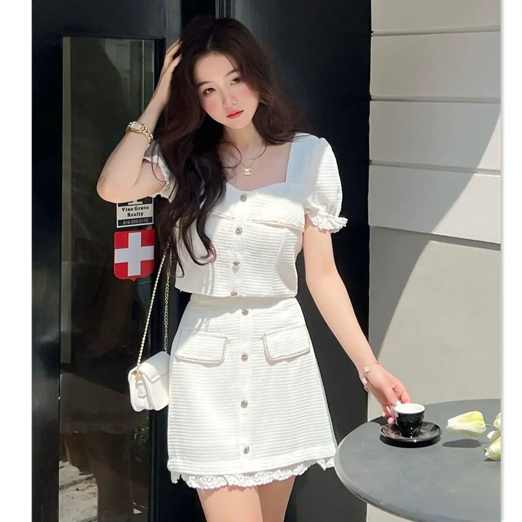 Suit White Small Fragrance Style Button Top + Skirt 2024 Summer New Fashion Small Two-Piece Set Summer
