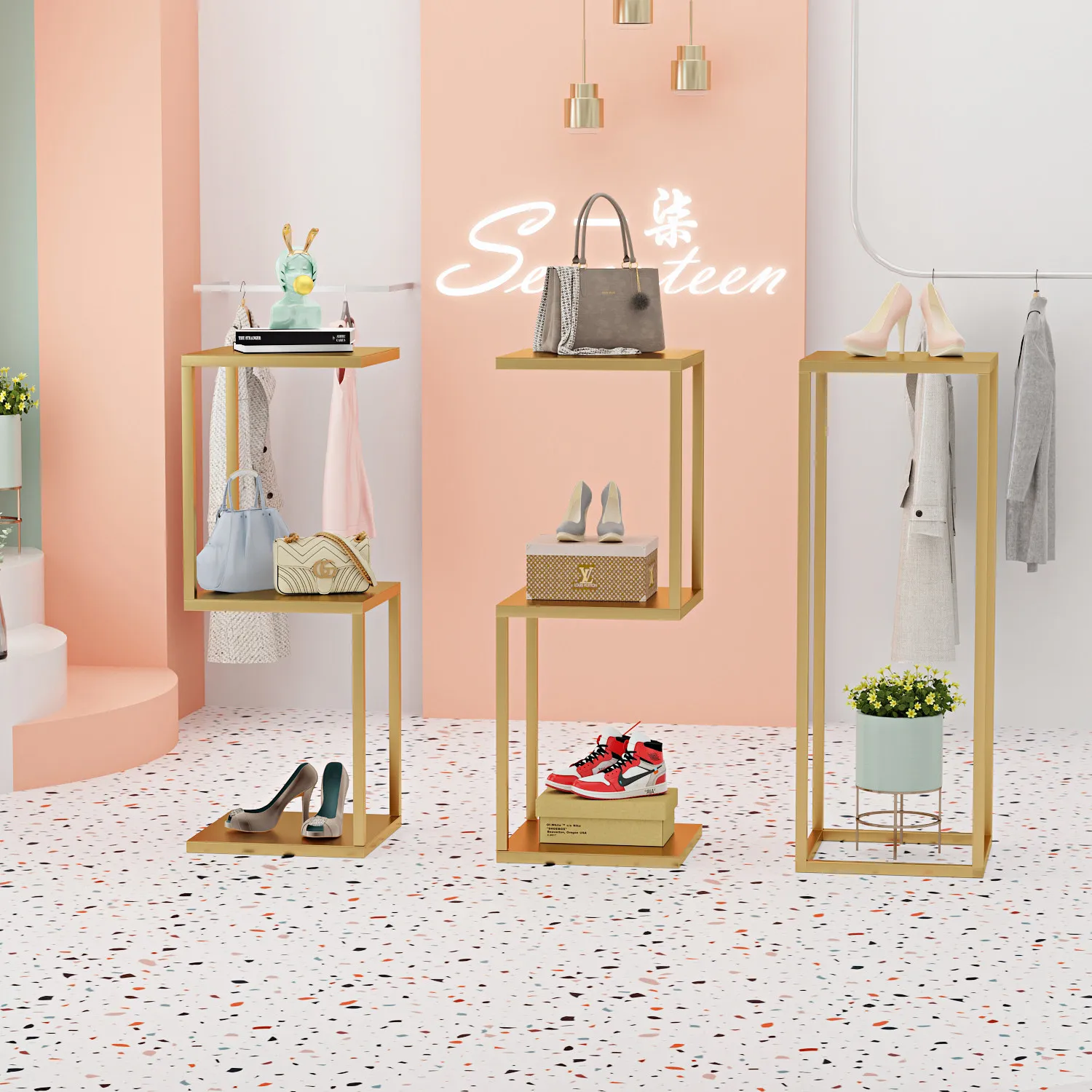 Clothing store Internet celebrity live stream decoration shopping mall bag shoe rack water table window Nakajima jewelry display