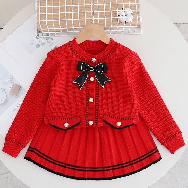 

Christmas Suit Knitted Single row pearl buckle Baby Gir Clothes Red bow knitted sweater+Pleated Skirt Baby New Year Set 2Pcs