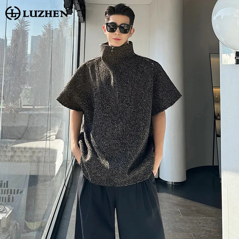 

LUZHEN 2024 Spring Summer Korean Short Sleeve T-shirt Lapel Solid Color Zipper Design Casual Elegant Men's Pullovers Tops LZ3355