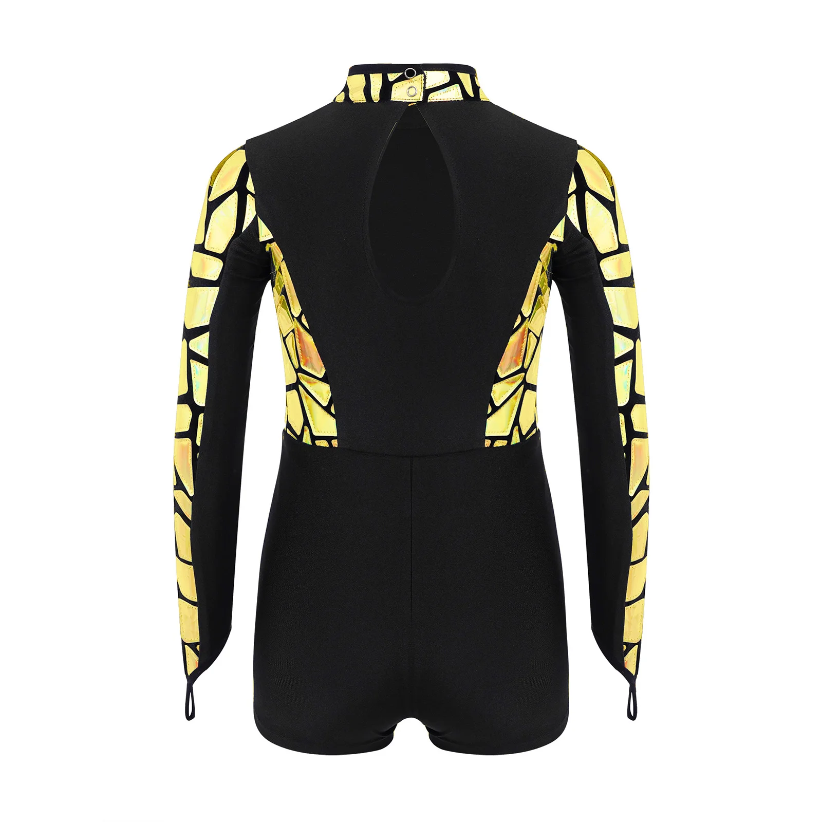 Kid Girls Jazz Gymnastic Dance Costume Jumpsuit Long Sleeve Keyhole Back Metallic Leotard for Modern Figure Skating Performance