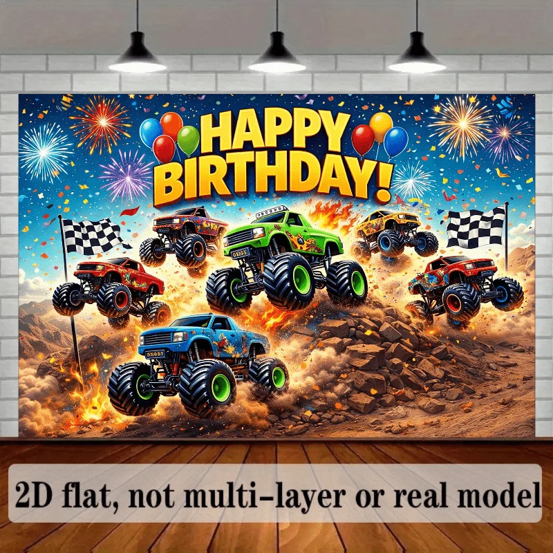 Tela de fondo para cumpleaños con temática de carreras 2D, estilo fiesta de monster truck, amarilla con la inscripción "HAPPY BIRTHDAY!" en el centro de la pantalla
