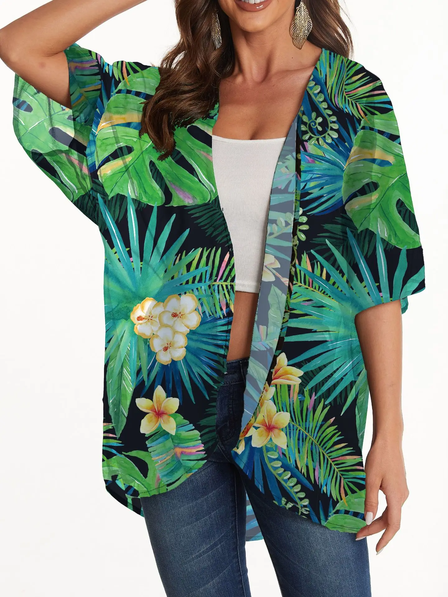 Women Chiffon Shirt 2025 Summer New Floral Print Loose Half Sleeve Shawl Cardigan Casual Boho Hawaii Bikini Cover Up