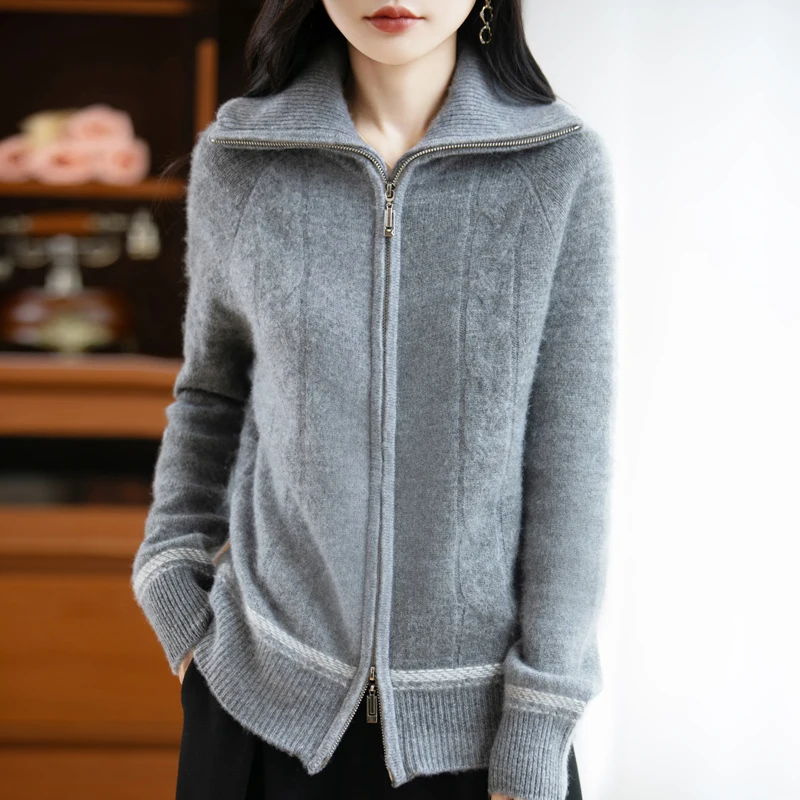 

100% Pure Wool Women Autumn Winter New Lazy Style Loose Knitted Cardigan Double Zipper Turn-down Collar Sweater New Women Tops
