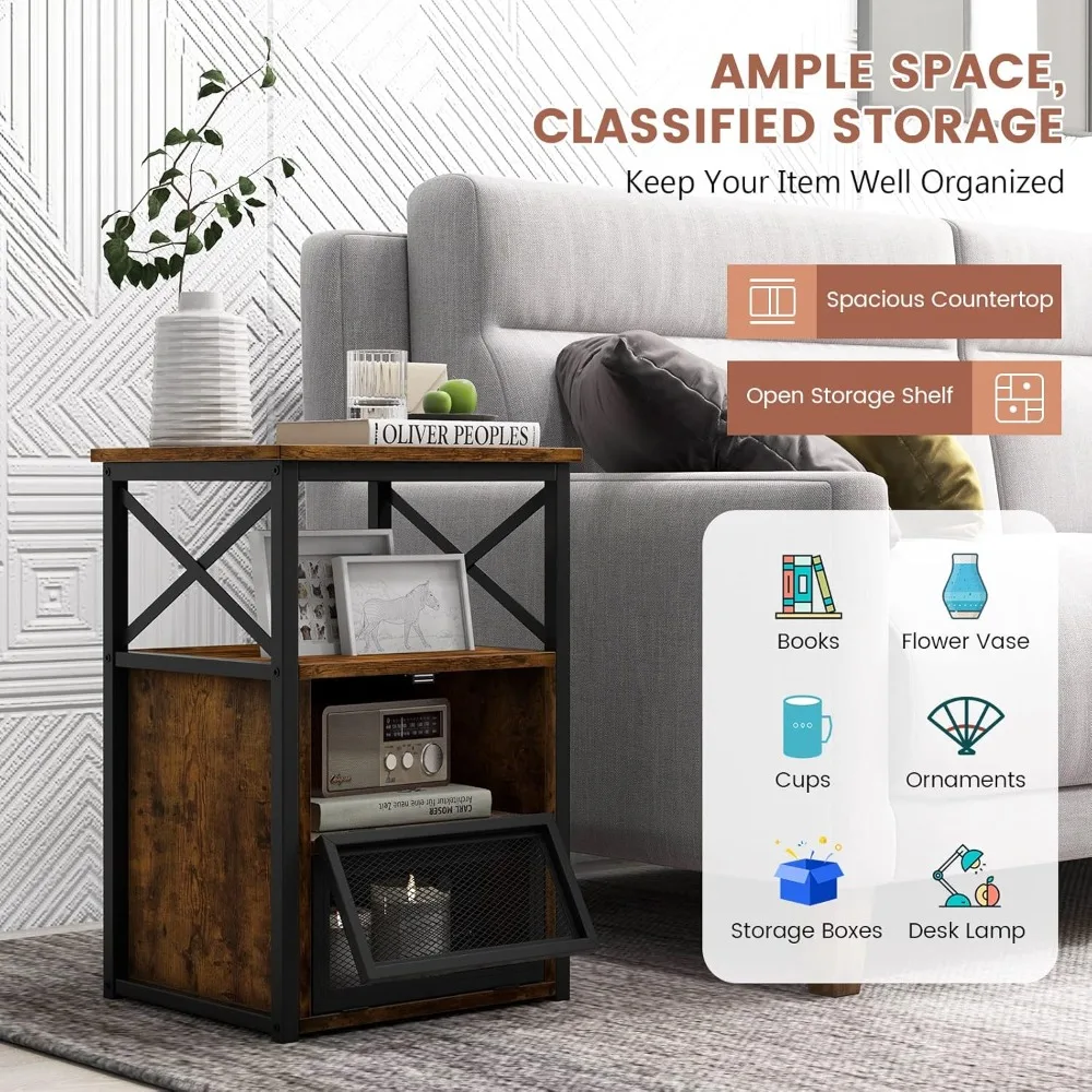 Industrial Bedside Table, Wooden End Sofa Side Table with 2 Flip Drawers and Open Shelf, Metal Frame Accent Table Nightstand for