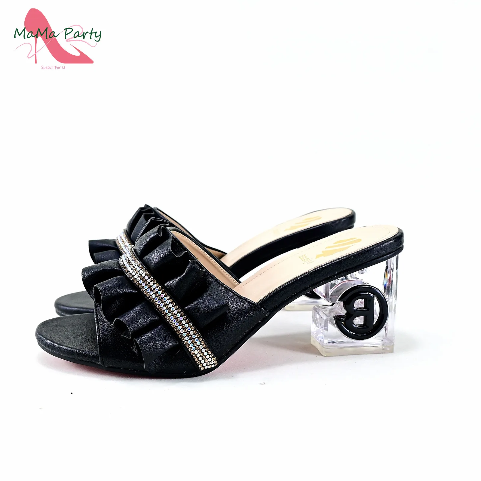 Fashionable New Arrivals Italian Ladies Shoes Matching Bag Set in Black Color with Appliques 2024 INS Hot Sale Slipper for Dress