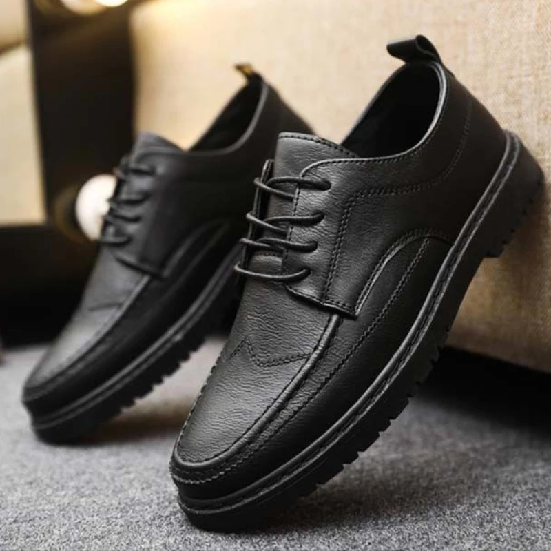 Mens Summer Ventilated British Casual Leather Footwear Fashion Low-Cut Black Waterproof Anti-Skid Kitchen Work Shoes
