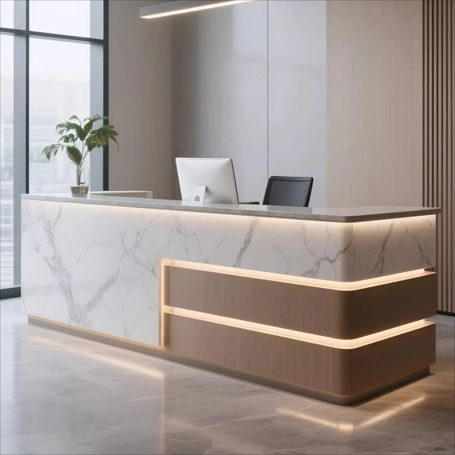 

&c Modern Wooden Reception Desk with LED Light for Office Furniture Luxury White Front Desk with Stainless Steel Base