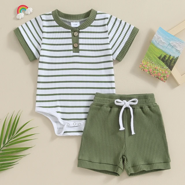 4049-5ce394.jpg Baby 2-Piece Summer Outfit – Striped Romper & Elastic Shorts Set (0–18 Months)
