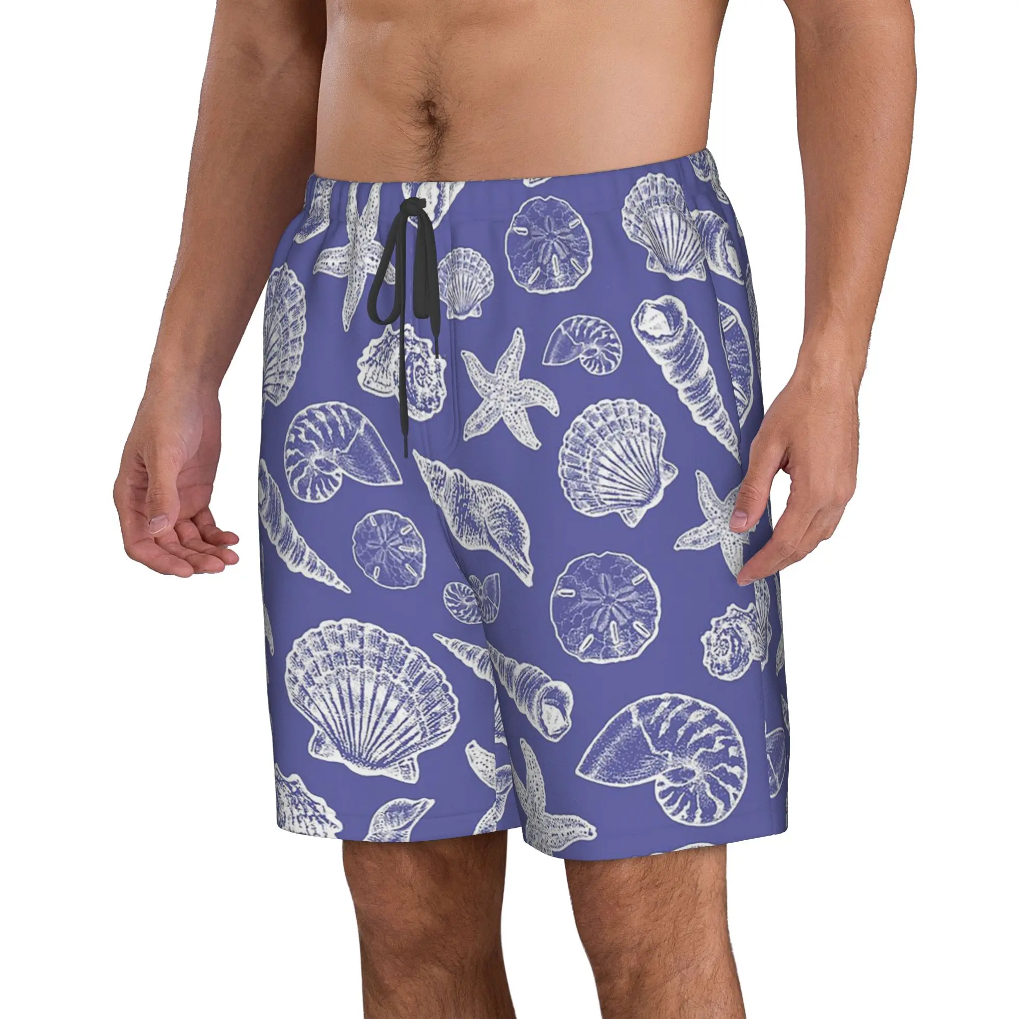 White Sea Shell In Blue Background Trunks Beach Board Shorts Casual Quick Dry Swim Summer Men Pants
