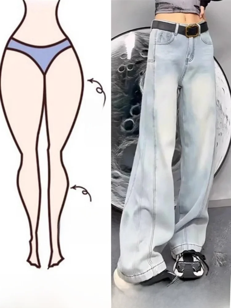 Azul cintura alta perna larga jeans casuais feminino solto tubo reto calças outono novo sle confortável calças de corte reto