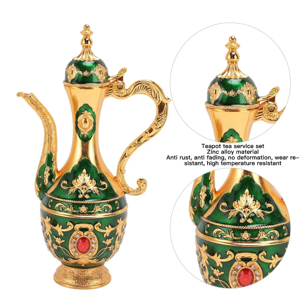 

8PCS With 6 Cups Coffee Pot Set Gold Green Zinc Alloy Teapot Tea Service Set With Tray Gold Blue Turkish Tea Set For Birthday