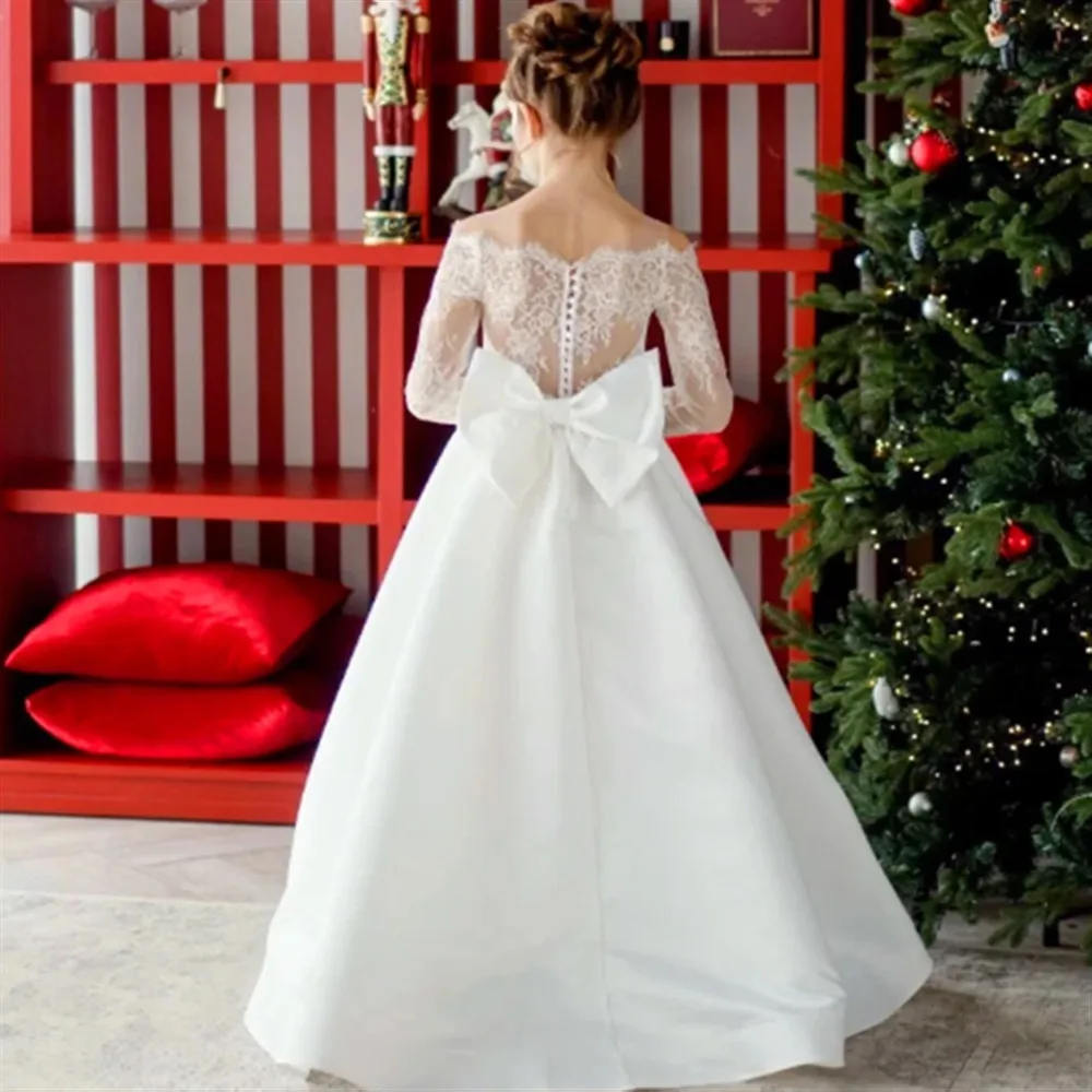 

Elegant Flower Girl Wedding Dress Off Shoulder Appliques Lace with Bow Kids First Communion Birthday Party Ball Gown Customized