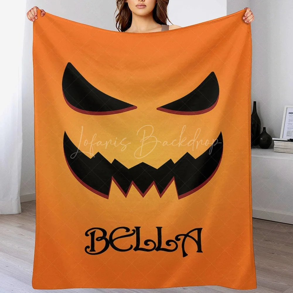 Halloween Pumpkin Ghost Face Custom Name Blanket for Kids Boys, Spooky Trick or Treat Soft Fleece Throw Birthday Christmas Gifts