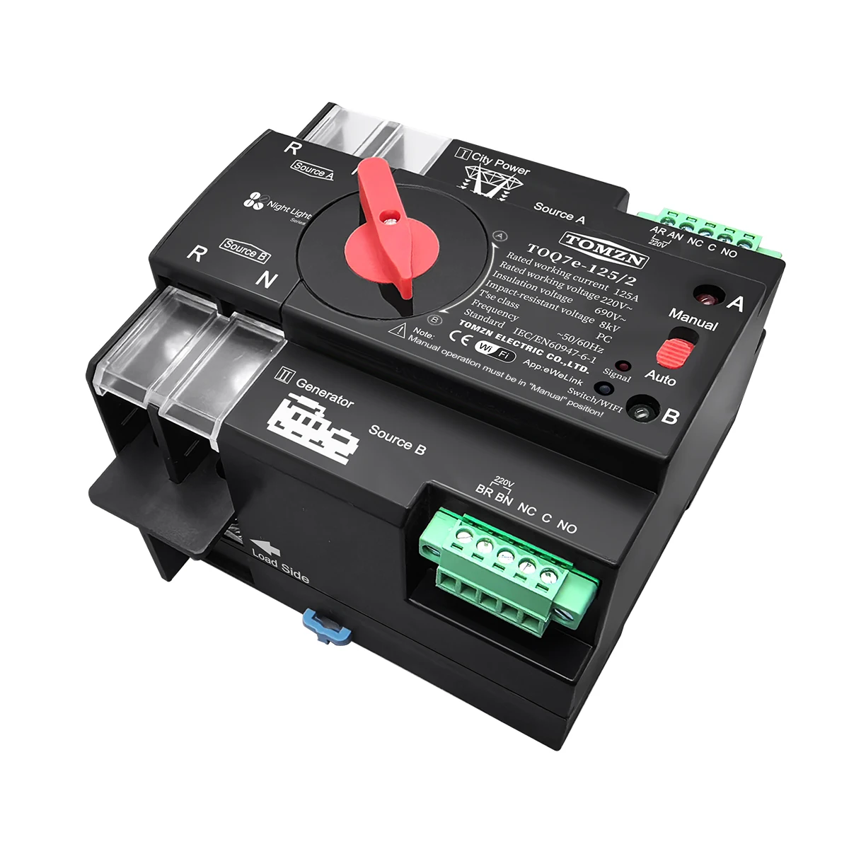 TOMZN eWelink 2P 3P 4P WIFI Smart ATS Timer 230V Dual Power Automatic Transfer Selector Switch Uninterrupted Remote Control 125A