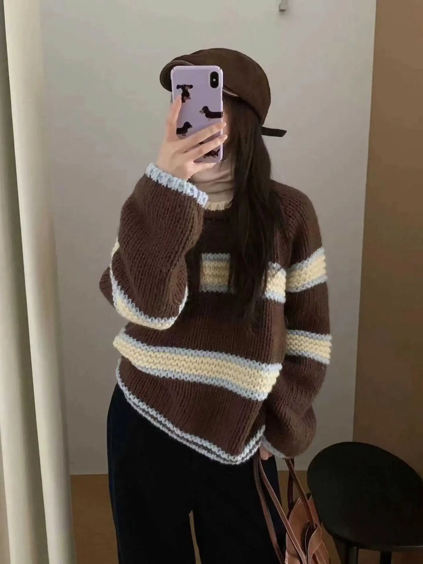 Chic Loose Long Sleeve Knitted Sweater round Neck Striped Autumn Winter New Style Women's Regular Fit Comfortable Casual Sweater