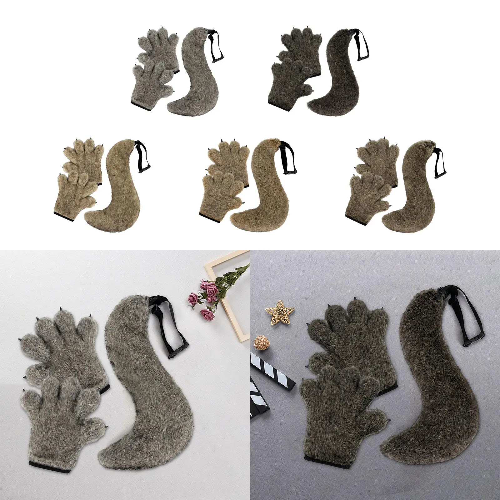 

Halloween Wolf Paws Gloves and Tail Set Comfortable Roles Play Decoration Claws