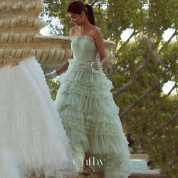 Cathy Mysterious Light Green Prom Dress 2023 Multilayer Vestidos De Noche Strapless A-line Prom Gown Romantic فساتين السهرة