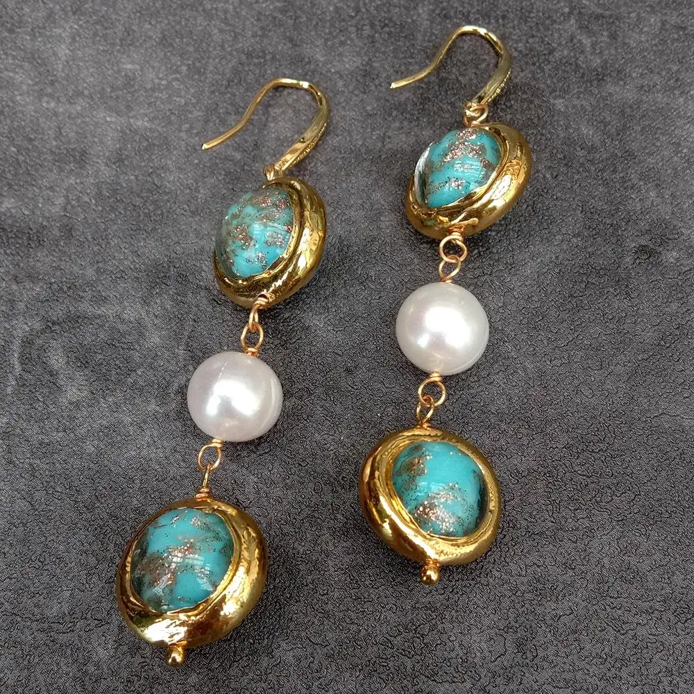 Y·YING Cultured White Pearl Blue Murano Glass Dangle Hook Earrings Handmade For Women Party