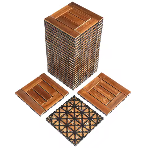 "27pcs Wood Deck Tiles 11.8", Waterproof Indoors/Outdoors. Ideal for Porch, Poolside, Balcony, Checked Pattern.