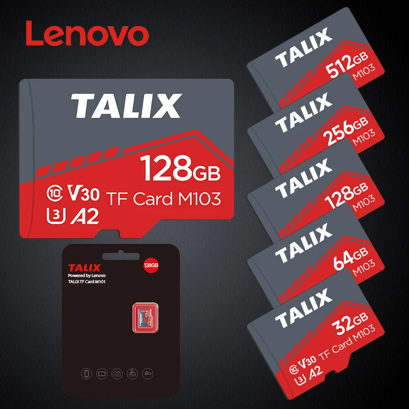 

Lenovo TALIX TF Card 32/64/128/256/512GB Class 10 U3 V30 A2 High Speed Micro SD Card M103 for Phone Camera Dash Cam Drone DJI