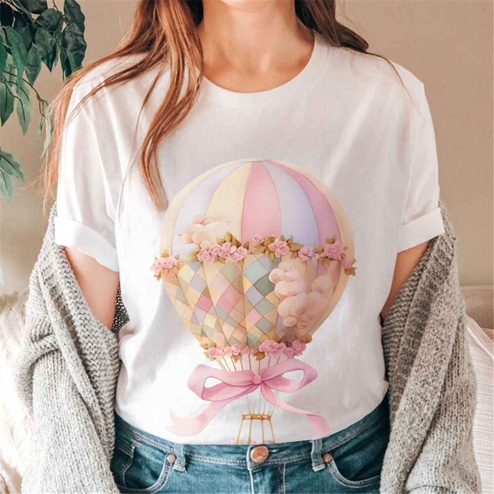 Y2K Graphic T-shirt, Floral Hot Air Balloon Print, Whimsical, Dreamy and Adventurous,Soft Fabric for Fantasy-Themed Casual Looks
