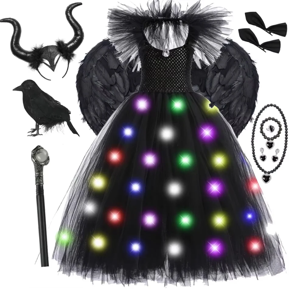 Halloween Disguise Dress for Kids Girl Cosplay Princess Dress Queen Black Witch Costume Fancy Carnival Party LED Light Outfit