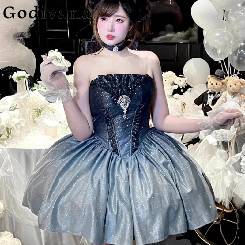 Vestido dulce estilo Lolita para mujer, vestido corto sin cuello para ceremonia, fiesta de cumpleaños, vestido de banquete de línea A sin mangas para mujer