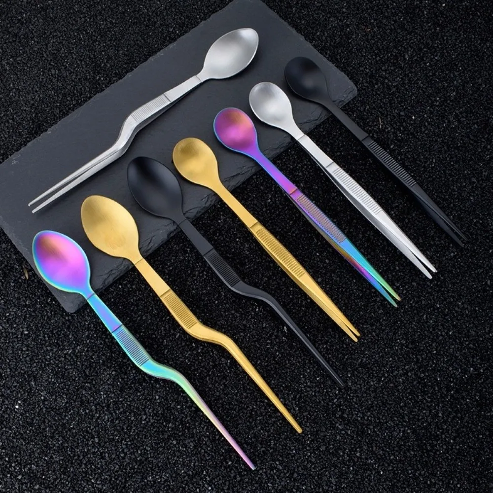 

Multi-functional Sauce Spoon Portable 2in1 Design Picnic Utensil Stainless Steel Flavor Test Spoon Tweezers Kitchen Utensil