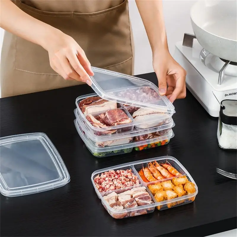 Food Fruit Storage Box 4 Grids Portable Compartment Refrigerator Freezer Organizers Sub-Packed Meat Onion Ginger Clear Crisper