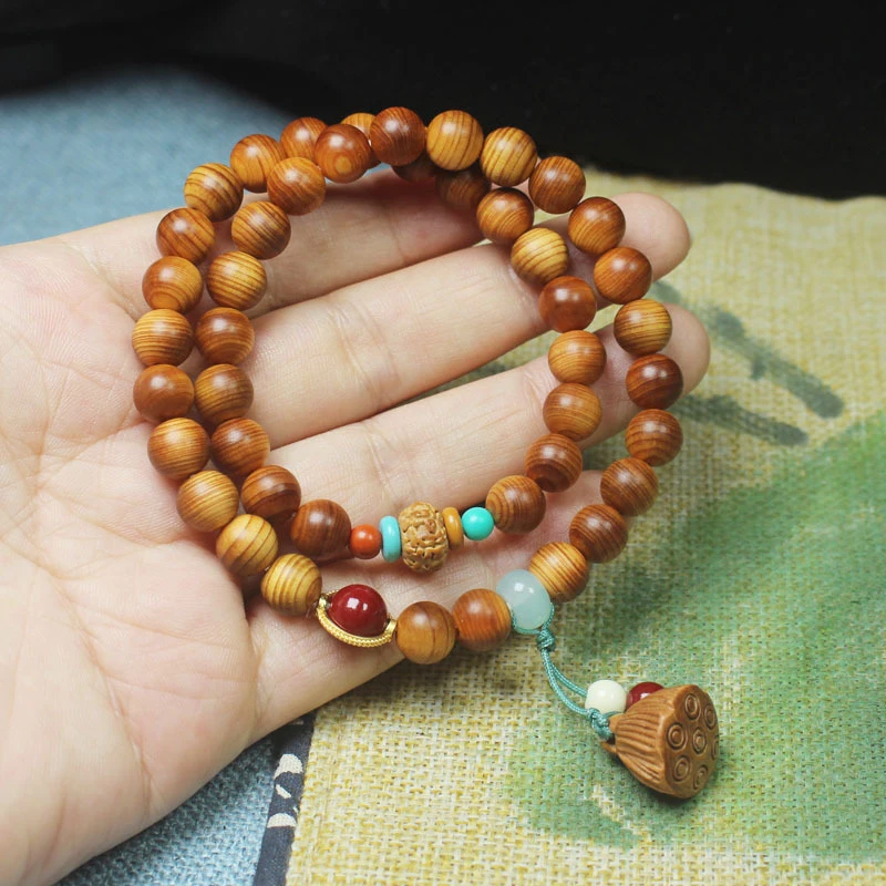 

High-oil cypress wood 8mm double-layer bracelet with lotus pod pendant, unisex cultural and spiritual prayer beads